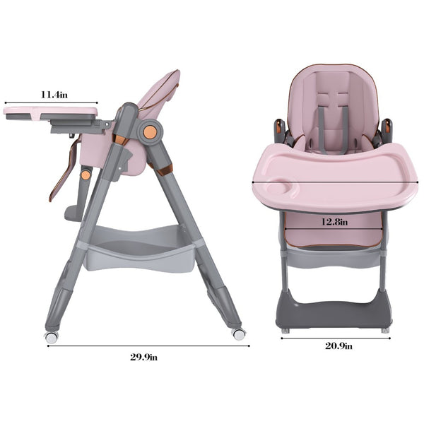 English Elm Adjustable Baby High Chair Foldable Toddler Feeding Seat with Steel Frame Safety Harness Pink W2699P299044