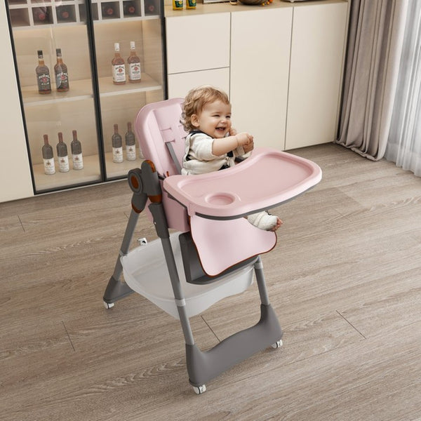 English Elm Adjustable Baby High Chair Foldable Toddler Feeding Seat with Steel Frame Safety Harness Pink W2699P299044