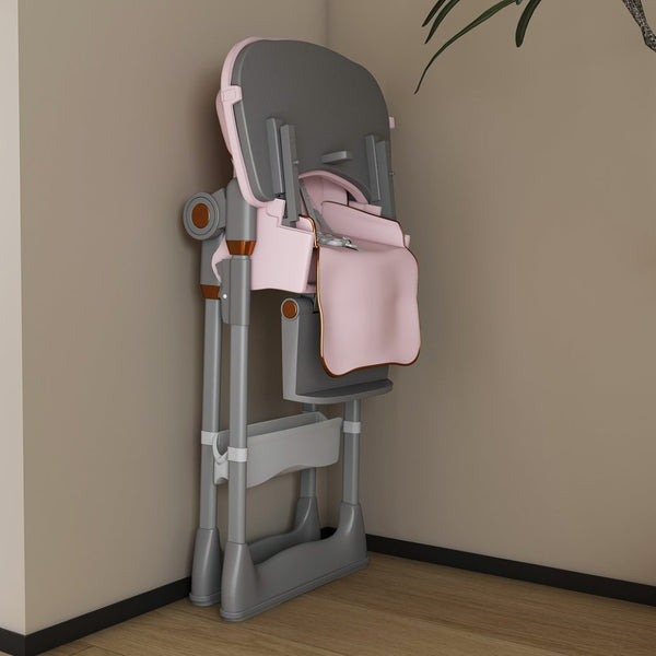 English Elm Adjustable Baby High Chair Foldable Toddler Feeding Seat with Steel Frame Safety Harness Pink W2699P299044