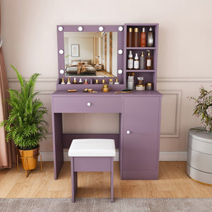 English Elm Stylish Mdf Makeup Vanity Set with Lighted Mirror Padded Stool Bedroom Storage Round Bulbs W2699P476369