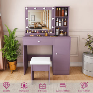 English Elm Stylish Mdf Makeup Vanity Set with Lighted Mirror Padded Stool Bedroom Storage Round Bulbs W2699P476369