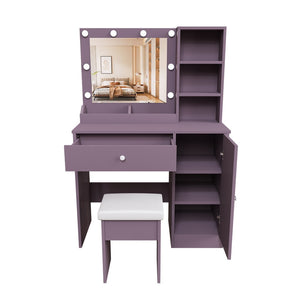 English Elm Stylish Mdf Makeup Vanity Set with Lighted Mirror Padded Stool Bedroom Storage Round Bulbs W2699P476369