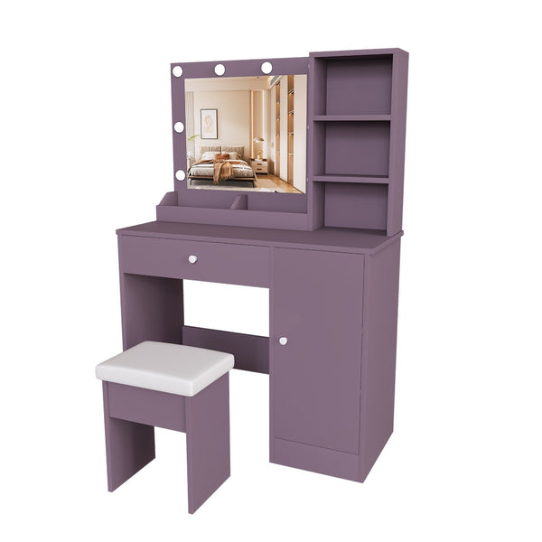 English Elm Stylish Mdf Makeup Vanity Set with Lighted Mirror Padded Stool Bedroom Storage Round Bulbs W2699P476369