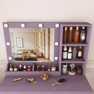 English Elm Stylish Mdf Makeup Vanity Set with Lighted Mirror Padded Stool Bedroom Storage Round Bulbs W2699P476369