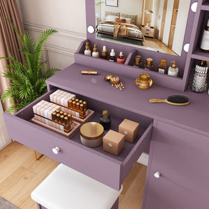 English Elm Stylish Mdf Makeup Vanity Set with Lighted Mirror Padded Stool Bedroom Storage Round Bulbs W2699P476369