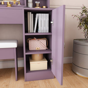 English Elm Stylish Mdf Makeup Vanity Set with Lighted Mirror Padded Stool Bedroom Storage Round Bulbs W2699P476369