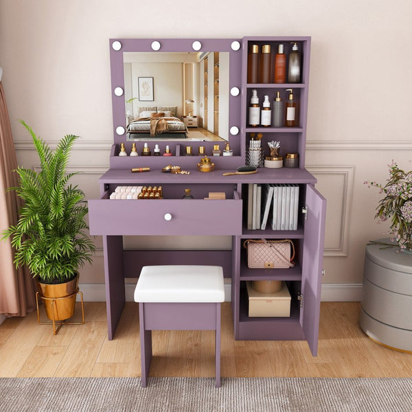 English Elm Stylish Mdf Makeup Vanity Set with Lighted Mirror Padded Stool Bedroom Storage Round Bulbs W2699P476369