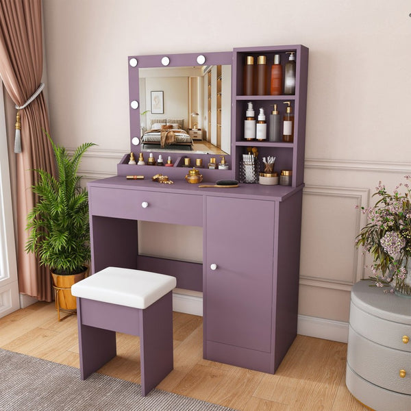 English Elm Stylish Mdf Makeup Vanity Set with Lighted Mirror Padded Stool Bedroom Storage Round Bulbs W2699P476369