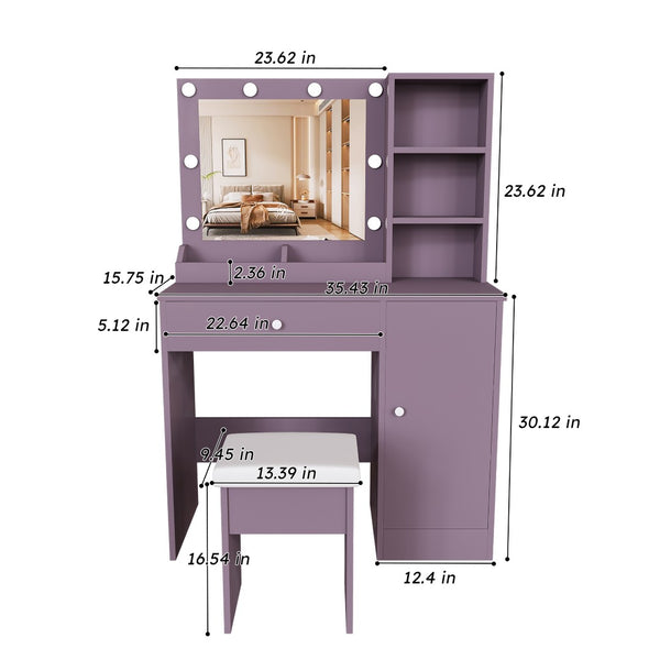 English Elm Stylish Mdf Makeup Vanity Set with Lighted Mirror Padded Stool Bedroom Storage Round Bulbs W2699P476369