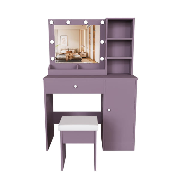 English Elm Stylish Mdf Makeup Vanity Set with Lighted Mirror Padded Stool Bedroom Storage Round Bulbs W2699P476369
