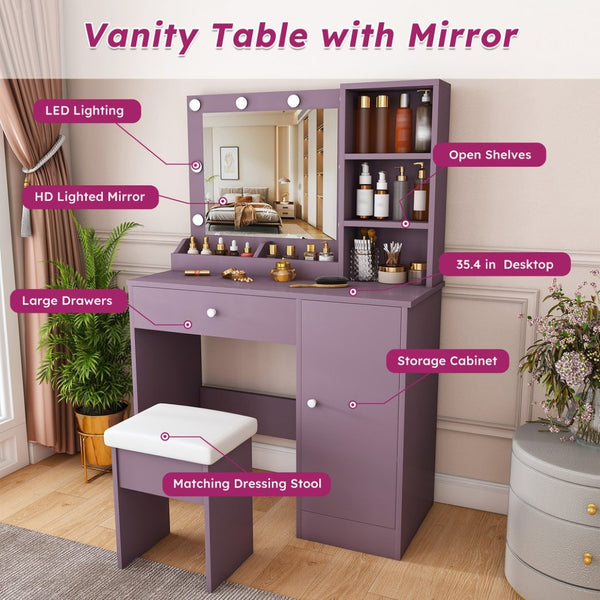 English Elm Stylish Mdf Makeup Vanity Set with Lighted Mirror Padded Stool Bedroom Storage Round Bulbs W2699P476369