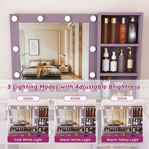 English Elm Stylish Mdf Makeup Vanity Set with Lighted Mirror Padded Stool Bedroom Storage Round Bulbs W2699P476369