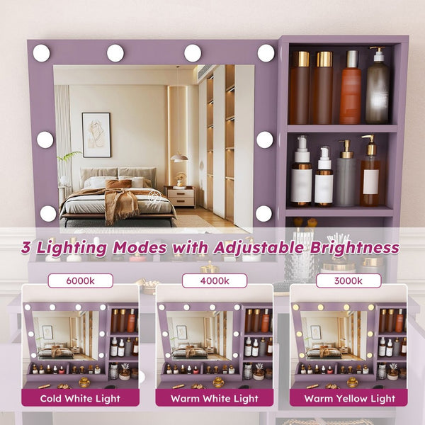 English Elm Stylish Mdf Makeup Vanity Set with Lighted Mirror Padded Stool Bedroom Storage Round Bulbs W2699P476369