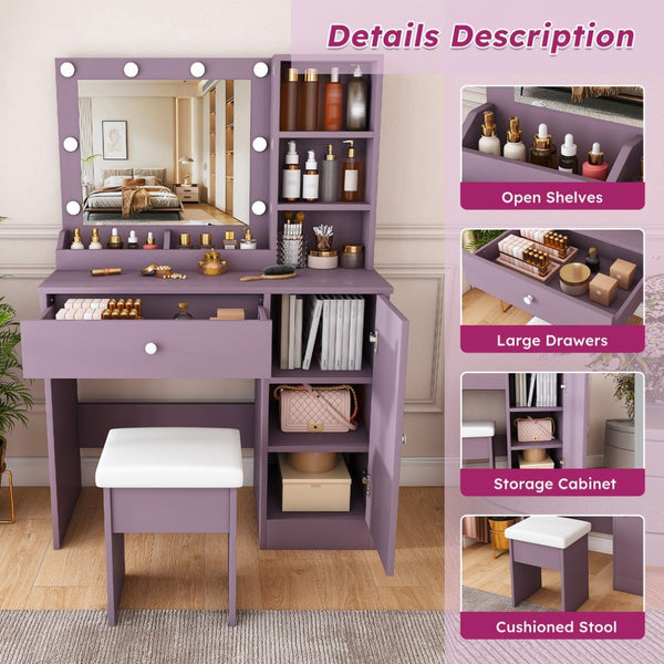 English Elm Stylish Mdf Makeup Vanity Set with Lighted Mirror Padded Stool Bedroom Storage Round Bulbs W2699P476369