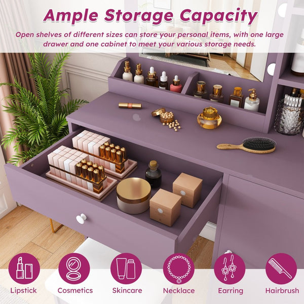 English Elm Stylish Mdf Makeup Vanity Set with Lighted Mirror Padded Stool Bedroom Storage Round Bulbs W2699P476369