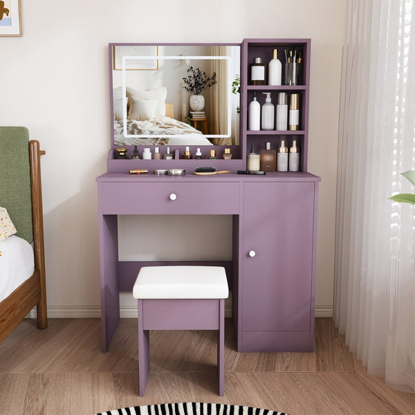 English Elm Stylish Mdf Makeup Vanity Set with Lighted Mirror Padded Stool Bedroom Storage LED W2699P476370