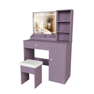 English Elm Stylish Mdf Makeup Vanity Set with Lighted Mirror Padded Stool Bedroom Storage LED W2699P476370