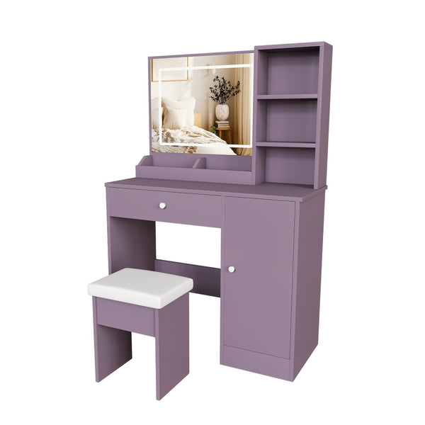 English Elm Stylish Mdf Makeup Vanity Set with Lighted Mirror Padded Stool Bedroom Storage LED W2699P476370