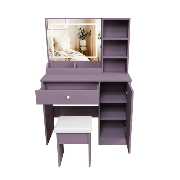 English Elm Stylish Mdf Makeup Vanity Set with Lighted Mirror Padded Stool Bedroom Storage LED W2699P476370