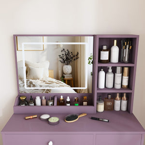 English Elm Stylish Mdf Makeup Vanity Set with Lighted Mirror Padded Stool Bedroom Storage LED W2699P476370