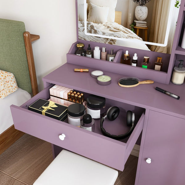 English Elm Stylish Mdf Makeup Vanity Set with Lighted Mirror Padded Stool Bedroom Storage LED W2699P476370