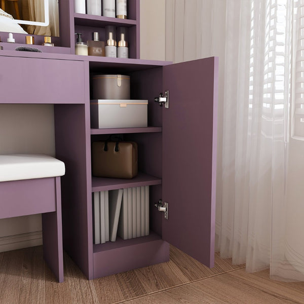 English Elm Stylish Mdf Makeup Vanity Set with Lighted Mirror Padded Stool Bedroom Storage LED W2699P476370