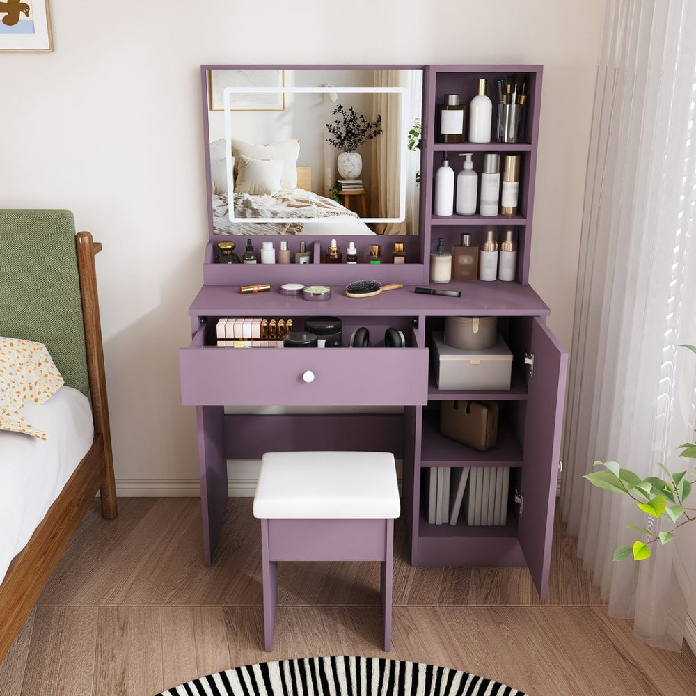English Elm Stylish Mdf Makeup Vanity Set with Lighted Mirror Padded Stool Bedroom Storage LED W2699P476370