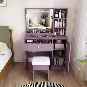 English Elm Stylish Mdf Makeup Vanity Set with Lighted Mirror Padded Stool Bedroom Storage LED W2699P476370