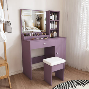 English Elm Stylish Mdf Makeup Vanity Set with Lighted Mirror Padded Stool Bedroom Storage LED W2699P476370