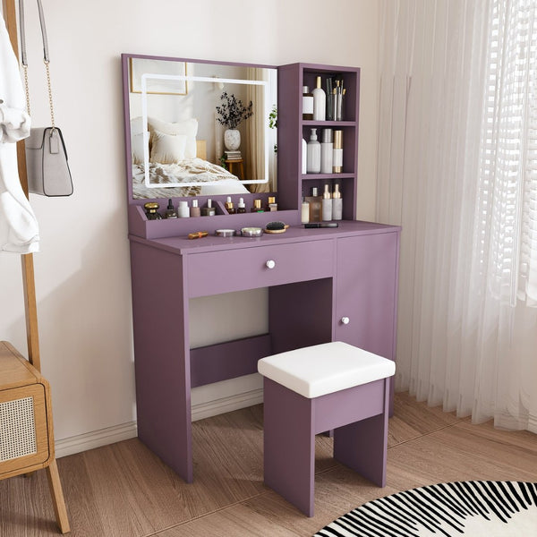 English Elm Stylish Mdf Makeup Vanity Set with Lighted Mirror Padded Stool Bedroom Storage LED W2699P476370