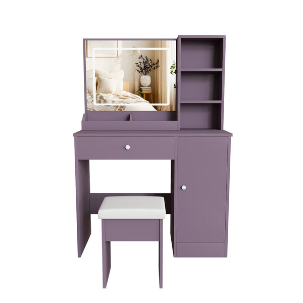 English Elm Stylish Mdf Makeup Vanity Set with Lighted Mirror Padded Stool Bedroom Storage LED W2699P476370