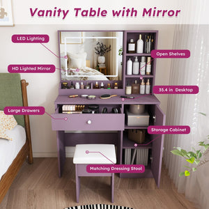 English Elm Stylish Mdf Makeup Vanity Set with Lighted Mirror Padded Stool Bedroom Storage LED W2699P476370