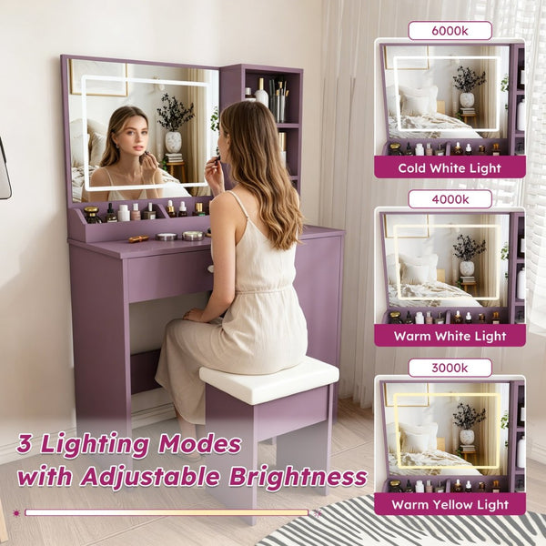 English Elm Stylish Mdf Makeup Vanity Set with Lighted Mirror Padded Stool Bedroom Storage LED W2699P476370