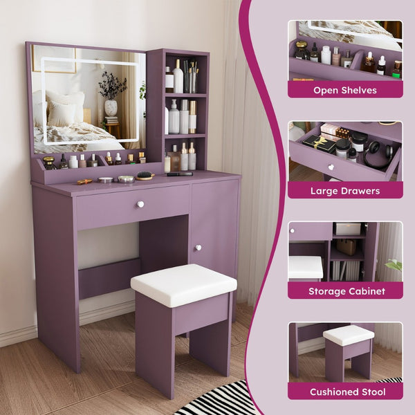 English Elm Stylish Mdf Makeup Vanity Set with Lighted Mirror Padded Stool Bedroom Storage LED W2699P476370
