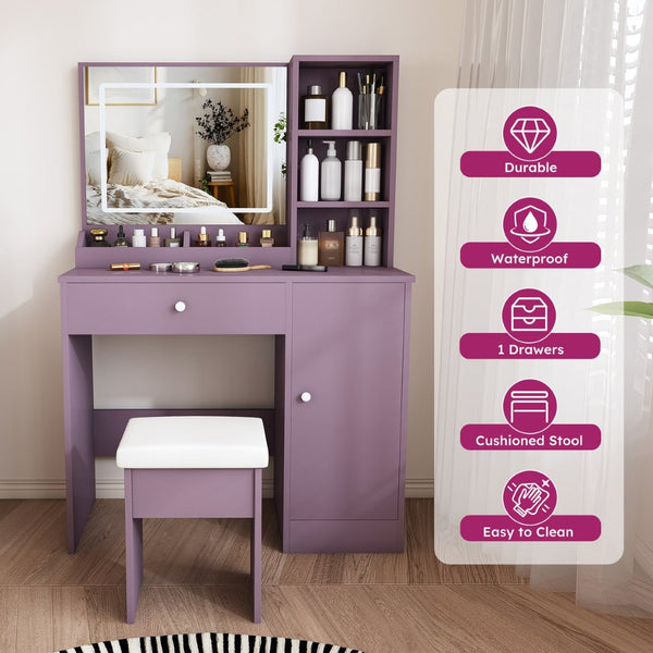 English Elm Stylish Mdf Makeup Vanity Set with Lighted Mirror Padded Stool Bedroom Storage LED W2699P476370