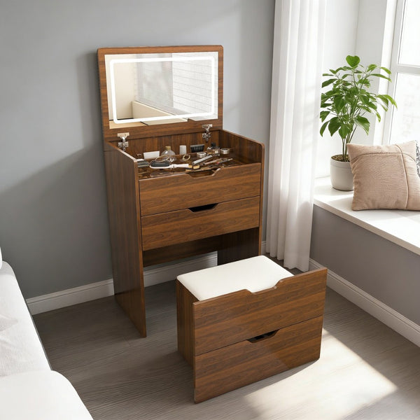 English Elm 3-In-1 Walnut Vanity Desk with Lighted Flip Mirror Storage Stool Bedroom W2699P478792