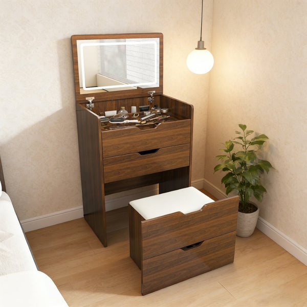 English Elm 3-In-1 Walnut Vanity Desk with Lighted Flip Mirror Storage Stool Bedroom W2699P478792