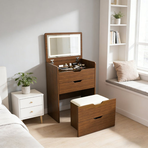 English Elm 3-In-1 Walnut Vanity Desk with Lighted Flip Mirror Storage Stool Bedroom W2699P478792