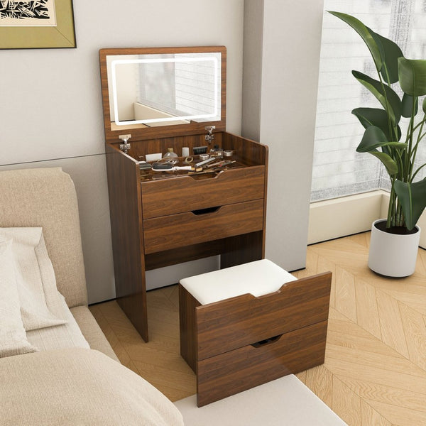 English Elm 3-In-1 Walnut Vanity Desk with Lighted Flip Mirror Storage Stool Bedroom W2699P478792