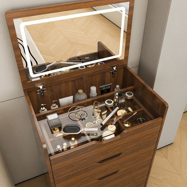 English Elm 3-In-1 Walnut Vanity Desk with Lighted Flip Mirror Storage Stool Bedroom W2699P478792