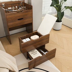 English Elm 3-In-1 Walnut Vanity Desk with Lighted Flip Mirror Storage Stool Bedroom W2699P478792