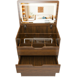 English Elm 3-In-1 Walnut Vanity Desk with Lighted Flip Mirror Storage Stool Bedroom W2699P478792