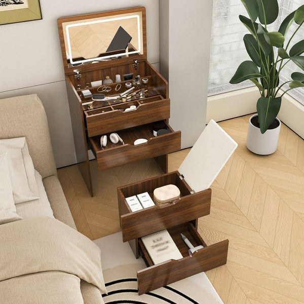 English Elm 3-In-1 Walnut Vanity Desk with Lighted Flip Mirror Storage Stool Bedroom W2699P478792