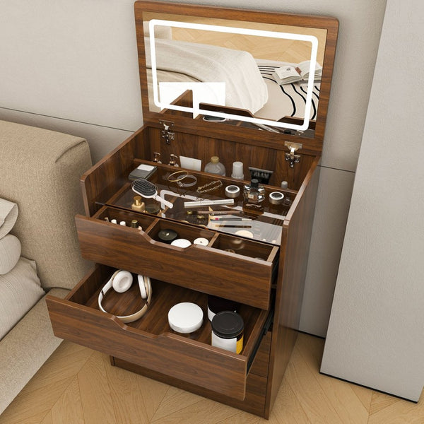 English Elm 3-In-1 Walnut Vanity Desk with Lighted Flip Mirror Storage Stool Bedroom W2699P478792