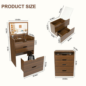 English Elm 3-In-1 Walnut Vanity Desk with Lighted Flip Mirror Storage Stool Bedroom W2699P478792