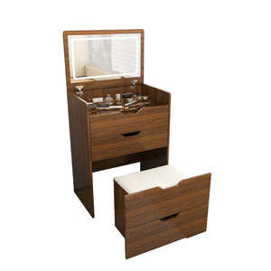 English Elm 3-In-1 Walnut Vanity Desk with Lighted Flip Mirror Storage Stool Bedroom W2699P478792