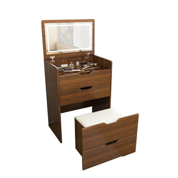 English Elm 3-In-1 Walnut Vanity Desk with Lighted Flip Mirror Storage Stool Bedroom W2699P478792