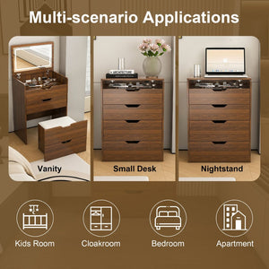 English Elm 3-In-1 Walnut Vanity Desk with Lighted Flip Mirror Storage Stool Bedroom W2699P478792