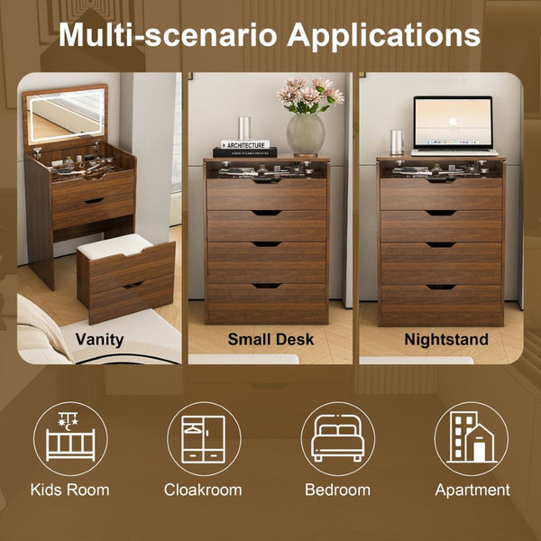 English Elm 3-In-1 Walnut Vanity Desk with Lighted Flip Mirror Storage Stool Bedroom W2699P478792