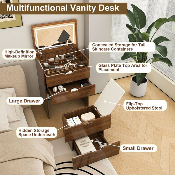 English Elm 3-In-1 Walnut Vanity Desk with Lighted Flip Mirror Storage Stool Bedroom W2699P478792